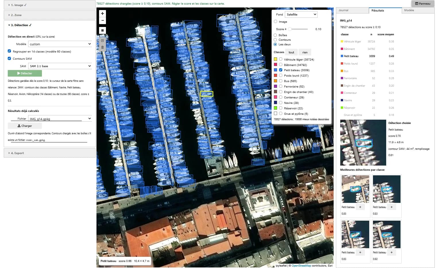 Application de détection d'objets : panneau de réglages et carte des petits bateaux détectés dans un port