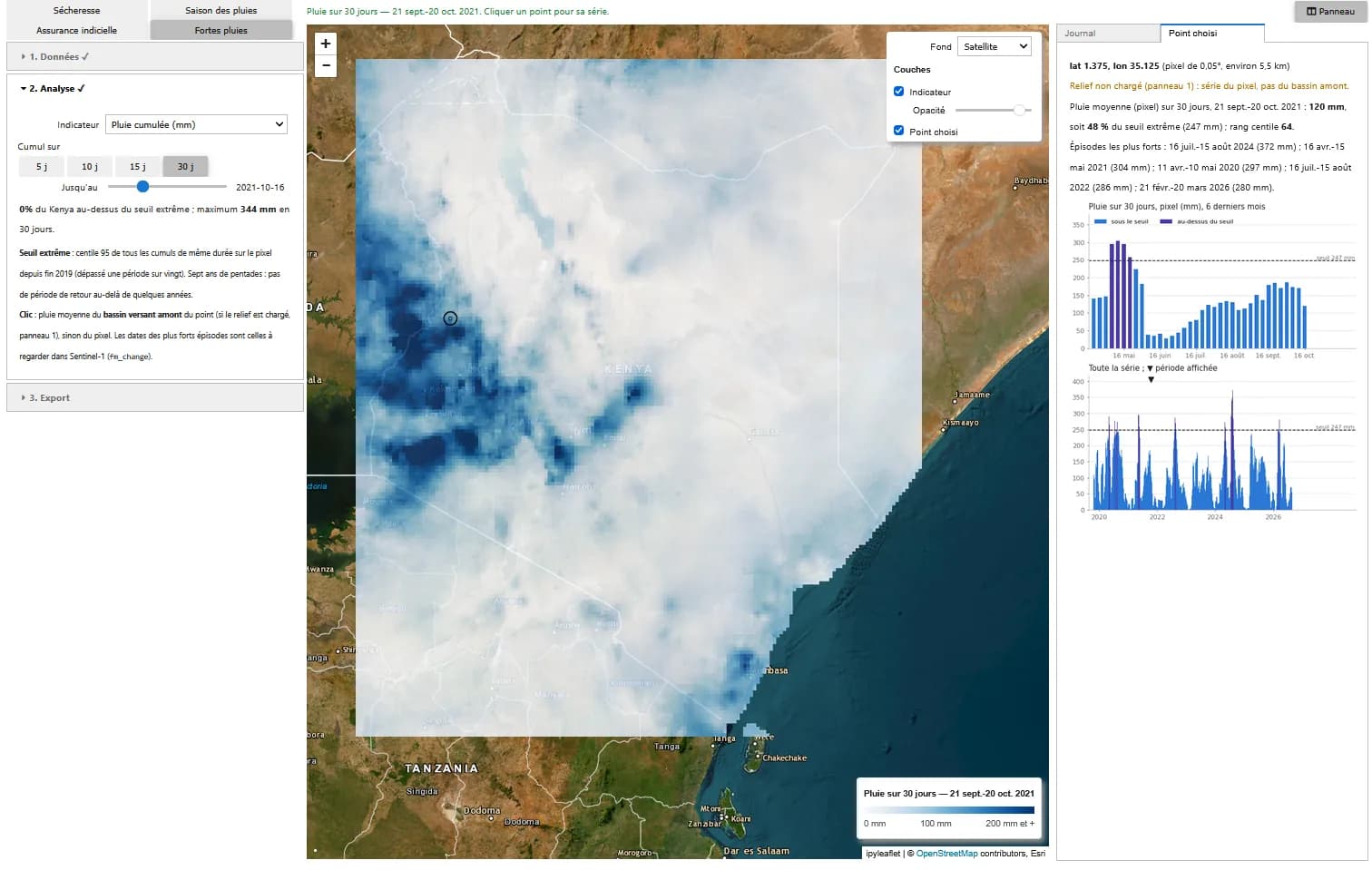 Carte de la pluie cumulée sur 30 jours en octobre 2021, avec le seuil extrême d'un point